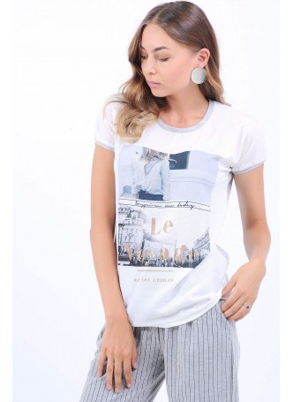 Baskılı Gri Sırt Beyaz T-Shirt