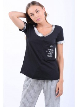 Cep Baskılı Gümüş Detay Siyah T-Shirt