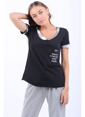 Cep Baskılı Gümüş Detay Siyah T-Shirt