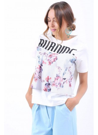 Burning Baskılı Alt Desen Beyaz T-Shirt