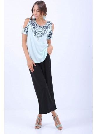 Lacivert Baskı Desen Omuz Açık Buz Mavisi T-Shirt