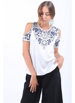 Lacivert Baskı Desen Omuz Açık Beyaz T-Shirt