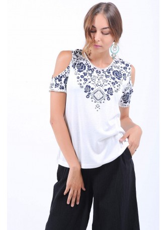Lacivert Baskı Desen Omuz Açık Beyaz T-Shirt