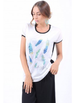 Turkuaz Yaprak Desen Siyah Sırt Beyaz T-Shirt