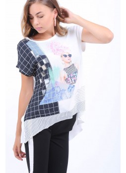 Baskı Desen Kesik Detay Beyaz Salaş T-Shirt
