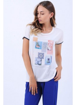 Baskı Desen Beyaz T-Shirt