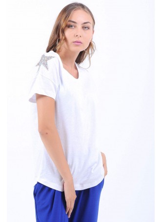 Omuz Yıldız Detay Beyaz T-Shirt