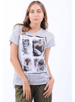 Cat Baskılı Çizgili Beyaz T-Shirt