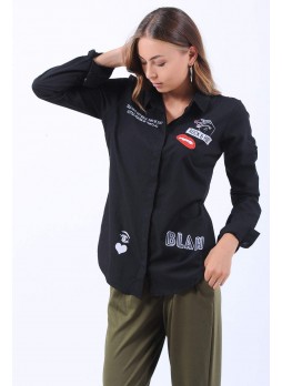 Armalı Yazı Baskı Siyah Gömlek