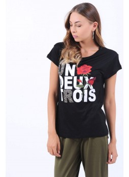 Un Deux Trois Baskı Siyah T-Shirt