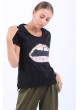 Baskılı Pul Detay Siyah T-Shirt