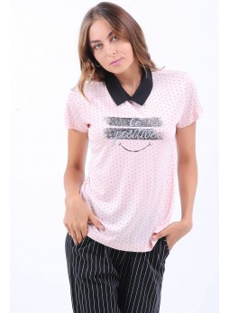 Baskılı Gömlek Yaka Pudra T-Shirt