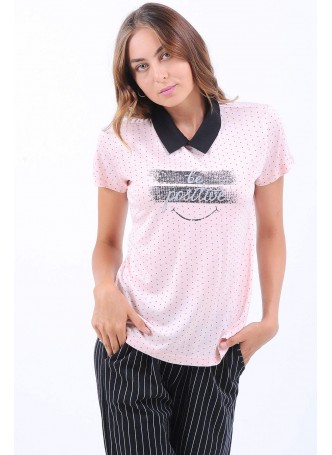 Baskılı Gömlek Yaka Pudra T-Shirt