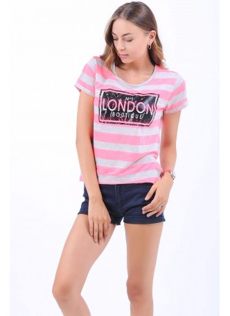 Siyah London Baskılı Pembe Beyaz T-Shirt