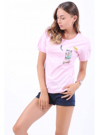 Cep Baskılı Pembe T-Shirt