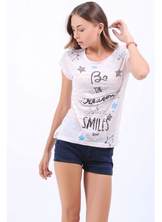Yazı Baskı Desen Krem T-Shirt