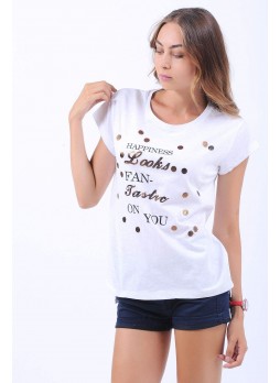 Happiness Baskılı Beyaz T-Shirt