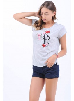 Çiçek Desen Baskı Gri T-Shirt
