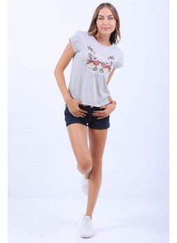 Çiçek Nakışlı Gri T-Shirt