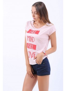 Free Yazılı Nokta Desen Pudra T-Shirt