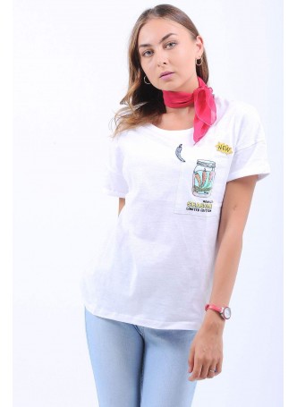 Cep Baskılı Beyaz T-Shirt
