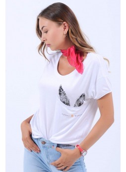 Cep Kanat Baskılı Beyaz T-Shirt