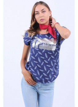 Gümüş Paris London Baskılı Lacivert T-Shirt