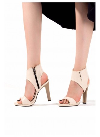 Tek Bej Cilt Yandan Fermuarlı Bayan Topuklu Ayakkabı