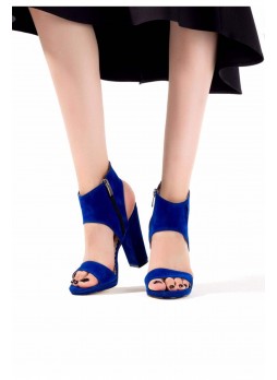 Tek Saks Mavisi Süet Yandan Fermuarlı Bayan Topuklu Ayakkabı