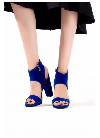 Tek Saks Mavisi Süet Yandan Fermuarlı Bayan Topuklu Ayakkabı