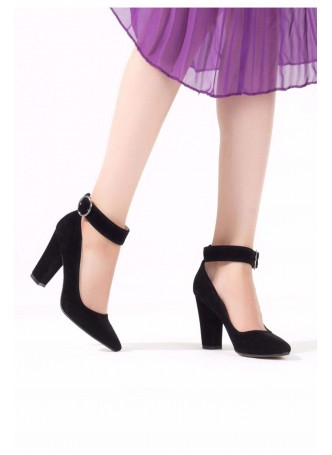 Tek Siyah Süet Bilekten Bağlamalı Kalın Topuklu Bayan Ayakkabı