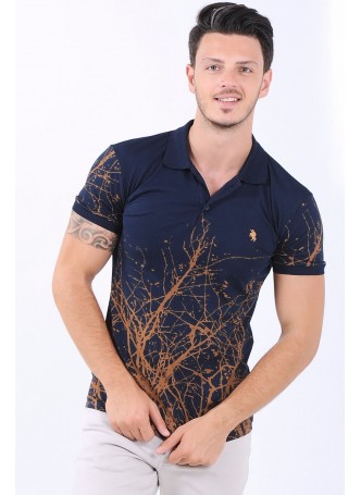 Turuncu Baskı Polo Yaka Lacivert T-Shirt
