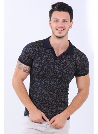 Polo Yaka Desenli Lacivert T-Shirt