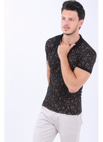 Polo Yaka Desenli Siyah T-Shirt