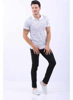 Desenli Polo Yaka Beyaz T-Shirt